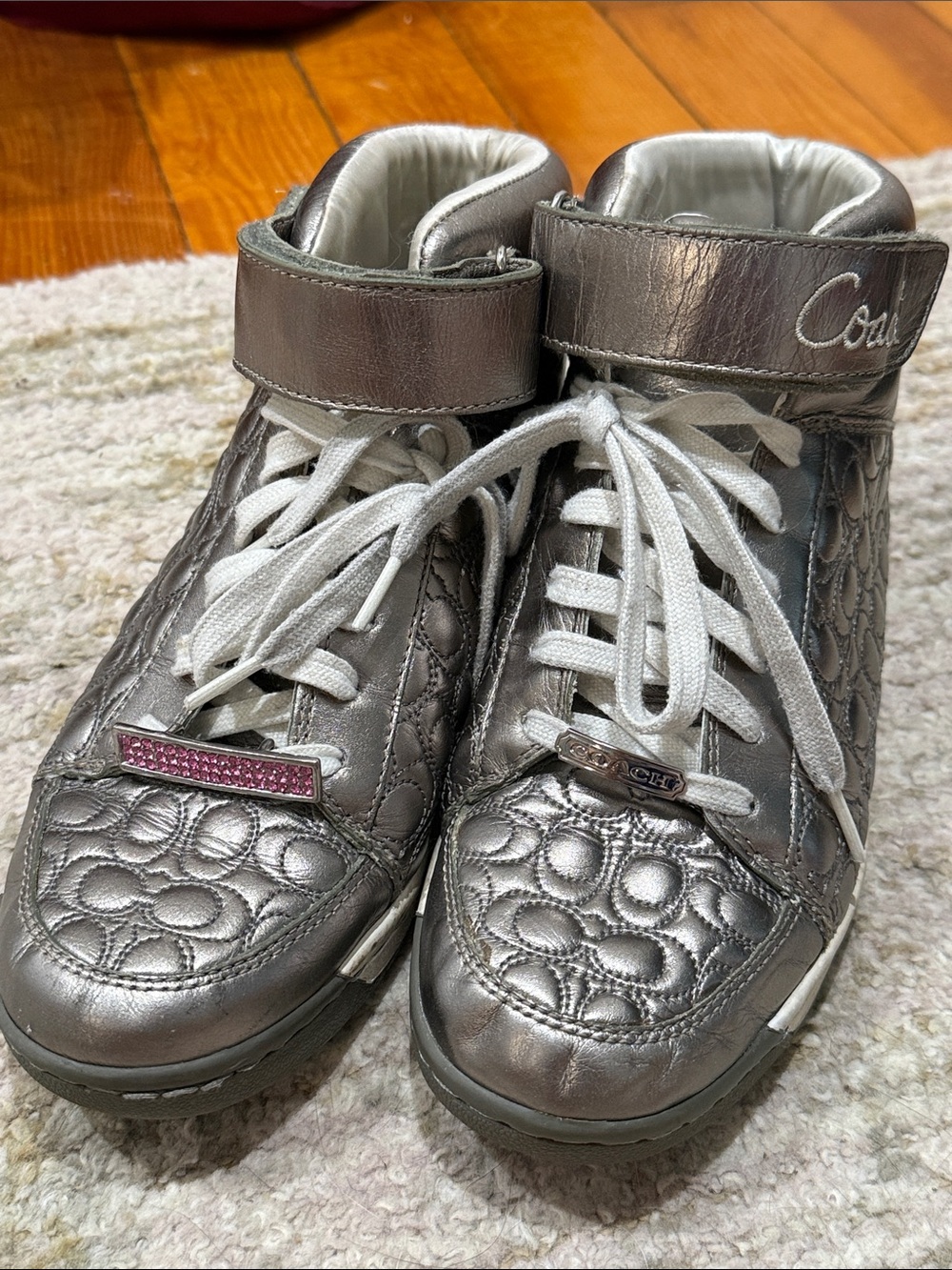Coach Silver Quilted High-Top Sneakers with Pink Accent
